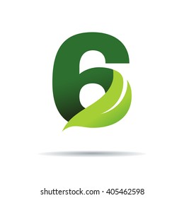 Number six with green leaves, Vector logo design template elements 