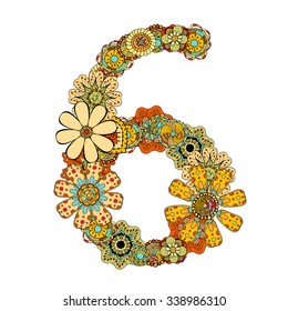 number Six of hand drawn flowers. Floral numerals. Vector illustration, isolated on white