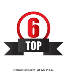 Number six icon. Red badge design. Black ribbon addition. Vector award illustration.