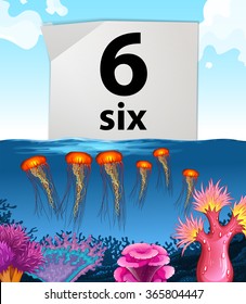 Number six and six jellyfish underwater illustration