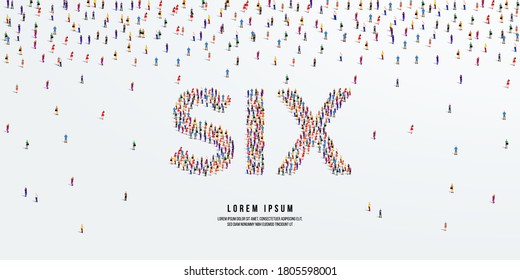 Number Six. Large group of people form to create the word six or 6. Vector illustration.