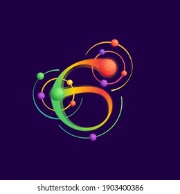 Logo número seis con órbitas átomas. Icono vector vívido perfecto para usar en cualquier etiqueta científica, afiches tecnológicos, identidad astronómica, etc.