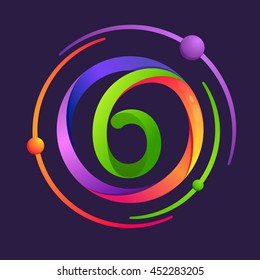 Number six logo with atoms orbits. Bright color vector design for your science, biology, physics, chemistry company. 