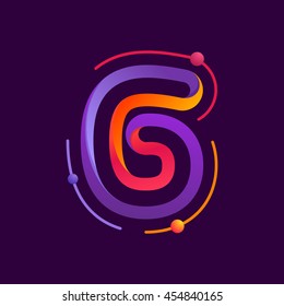 Number six logo with atoms orbits. Bright color vector design for science, biology, physics, chemistry company. 