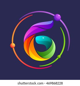 Number six logo with atoms orbits. Bright color vector design for your science, biology, physics, chemistry company. 