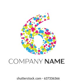 Number six logo with blue, yellow, red particles and bubbles dots on white background. Vector template for your design