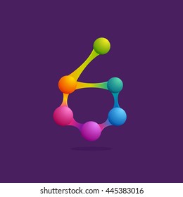 Number six logo with colorful spheres or dots and lines. Colorful vector design for banner, presentation, web page, app icon, card, labels or posters.