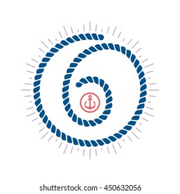 Number six logo with compass star and anchor. Colorful vector design for banner, presentation, web page, card, labels or posters.