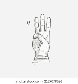 Number six logo in a deaf-mute hand gesture alphabet. Hand-drawn engraving style vector American sign language illustration.