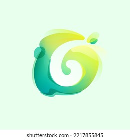 Number six logo in eco gradient splash blot with green leaf. Negative space environment friendly icon. Illusion effect emblem for agriculture art, waste recycling design, healthy food packaging.