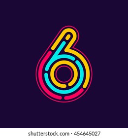 Number six logo formed by neon line or fingerprint. Vector design for banner, presentation, web page, card, labels or posters.