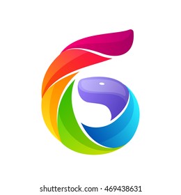 Number six logo formed by colorful twisted lines. Vector elements for banner, presentation, web page, card, labels or posters.