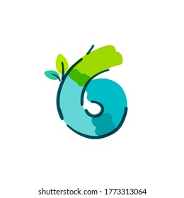 Number six logo with green leaf handwritten with a felt-tip pen. Vector bold marker font can be used for nature labels, summer headlines, bio posters, ecology cards etc.