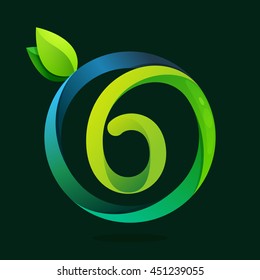 Number six logo with green leaves and water waves. Vector elements for ecology banner, presentation, web page, card, labels or posters.