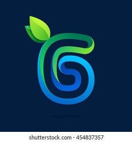 Number six logo with green leaves. Vector design template elements for ecology application, presentation, web page, card.