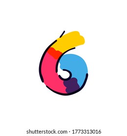 Logotipo número seis escrito a mano con una pluma de punta de fieltro multicolor. Icono vectorial perfecto para diseño infantil, impresión interior, etiquetas lindas, etc.