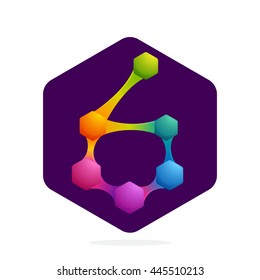 Number six logo with Hexagon and lines. Bright color vector design for your science, biology, physics, chemistry company. Icon for banner, presentation, web page, app icon, card, labels or posters.