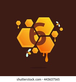 Number six logo in Honeycomb with flowing honey. Colorful vector design for banner, presentation, web page, app icon, card, labels or posters.