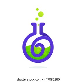 Number six logo in laboratory beaker. Vector elements for science, biology, physics or chemistry design.