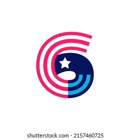 Number six logo made of American Stars and Stripes flag. Vector font for US history and 4th of July celebration in flat style. Perfect for Independence Day cards, invitations, banners.
