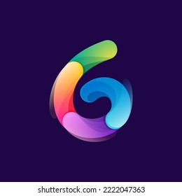 Number six logo made of overlapping colorful lines. Rainbow vivid gradient modern icon. Vector one line typeface for tech branding design, nightlife labels, multimedia posters, futuristic identity.