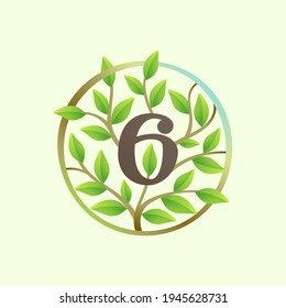 Logo número seis hecho de ramas de árbol torcidas y hojas verdes en círculo. Fuente vectorial ecológica para emblema vegano, identidad botánica, camisetas de primavera creativas, mercancía orgánica.