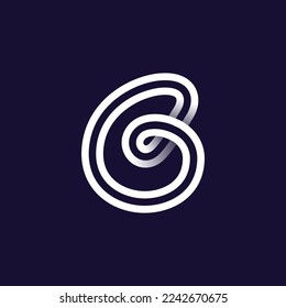 Nummer sechs Logo aus zwei weißen parallelen Linien auf schwarzem Hintergrund. Unendliche Schleife Symbol. Das elegante Emblem überschneidet sich. Ideal für dynamische App, Minimalismus-Design, Sport-Identität, Technologie-Adv.