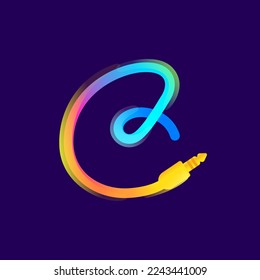 Number six logo made of vivid gradient line wire with mini jack icon and rainbow shine. Overlapping multicolor emblem. Ideal for music app, audio design, DJ identity, technology advertising.