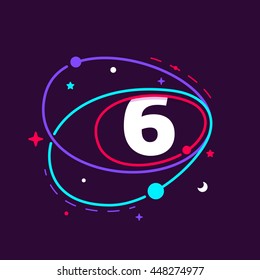 Number six logo in space orbits, stars and planets. Colorful vector design for banner, presentation, web page, app icon, card, labels or posters.