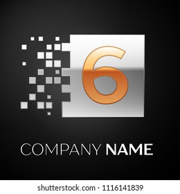 Number Six logo symbol in the golden-silver colorful square with shattered blocks on black background. Vector template for your design