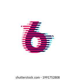 Number six logo with vibrant line glitch effect. Vector font perfect to use in your nightlife labels, expressive game screen, electronic identity.