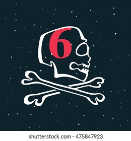 Number six logo in vintage style skull. Vector design for banner, flag, t-shirt, labels or posters.