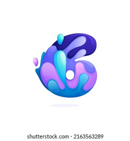 Logo número seis con olas de agua y gotas. Estilo de fuente de degradado azul puro. Icono vectorial para su aplicación de ecología, identidad de reciclaje de residuos, afiches de spa o marca de agua mineral.