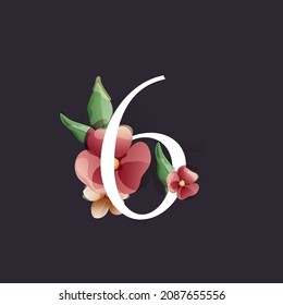 Logo número seis en acuarela con flores y hojas. Hierbas como peonías, y chamóile, y brotes. Perfecto para invitaciones de boda, arreglos de época y decoración clásica.