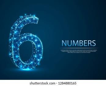 number six low poly abstract illustration consisting of points, lines, and shapes in the form of planets, stars and the universe. Vector digit 6 wireframe concept.