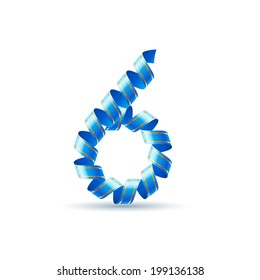 Number six made of blue curled shiny ribbon