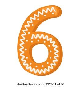 Number six made from glazed gingerbread. Festive font, symbol of Happy New Year and Christmas, sign and numeral of different shapes. Vector flat illustration
