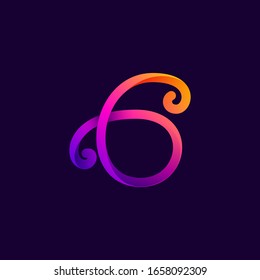Logotipo de luz de neón número seis. Fuente de guión manuscrita vectora para las etiquetas de discoteca, empresa futurista, carteles de casino, etc.