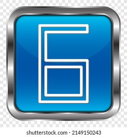 Número seis, numeral simple vector de icono. Diseño plano. Botón cuadrado azul metálico. cuadrícula transparente.ai