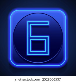 Número seis, Vector de ícono simple numérico. Diseño plano. Estilo de neón azul en el Botón. Con shadow.ai