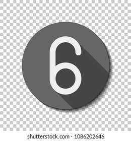 Number six, numeral, simple letter. White flat icon with long shadow in circle on transparent background. Badge or sticker style
