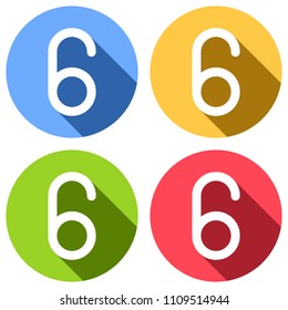 Number six, numeral, simple letter. Set of white icons with long shadow on blue, orange, green and red colored circles. Sticker style