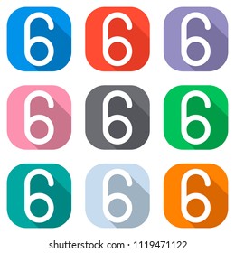 Number six, numeral, simple letter. Set of white icons on colored squares for applications. Seamless and pattern for poster