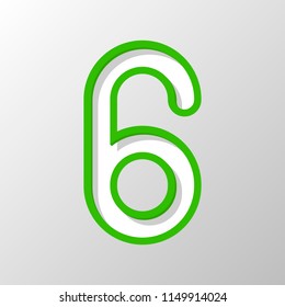 Number six, numeral, simple letter. Paper style. Cut symbol with green bold contour on shape and simple shadow