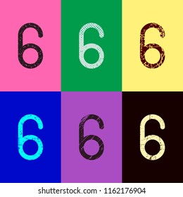 Number six, numeral, simple letter. Pop art style. Scratched icons on 6 colour backgrounds. 