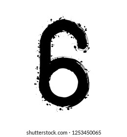 Number six, numeral, simple letter. Black ink with splashes on white background