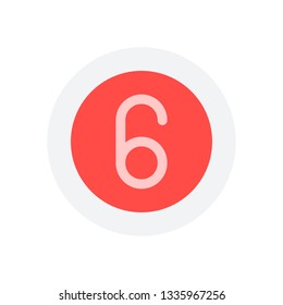 Number six, numeral, simple letter. Icon in colored circle with gray bold border. Web button, modern flat design