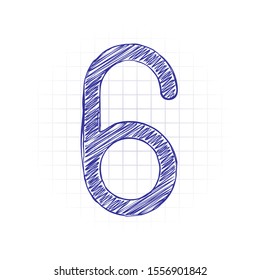 Number six, numeral, simple letter. Hand drawn sketched picture with scribble fill. Blue ink. Doodle on white background