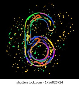 Number six, numeral, simple letter. Colored ink with splashes on black background