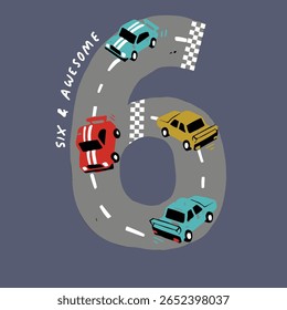 number six on the sports car circuit cute vector art design